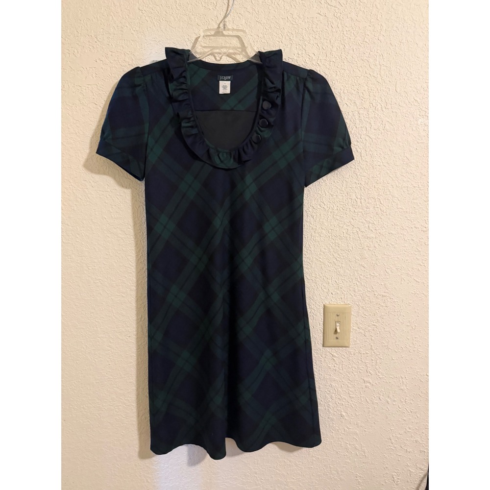 J.Crew‎ Black Watch Plaid Wool Blend Ruffle Neck Shift Dress Blue Green 4